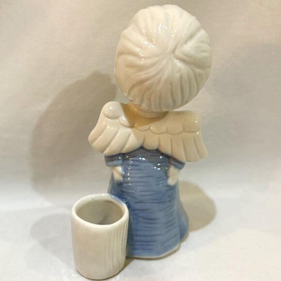 VTG Japan Sanmyro Blue and White Ceramic Angel Figurine 5" Planter Candle Holder - Picture 4 of 7